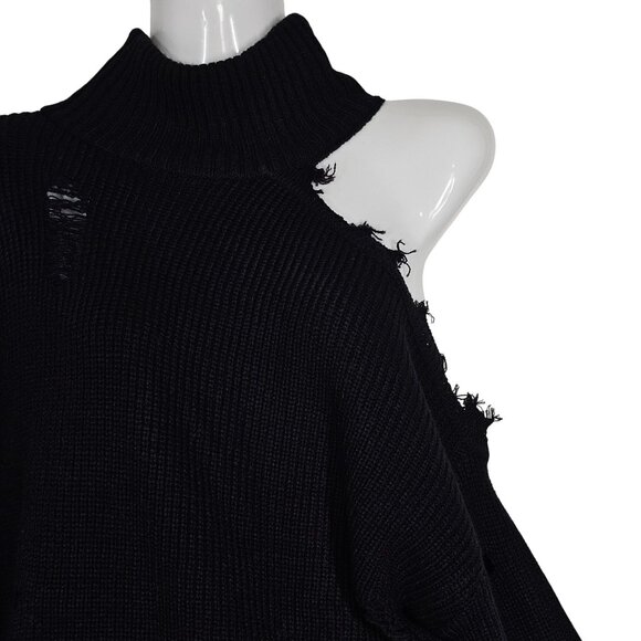 Signature8 Black Ripped Distressed Rib Knit Cold Shoulder Turtleneck Sweater S - Picture 3 of 14
